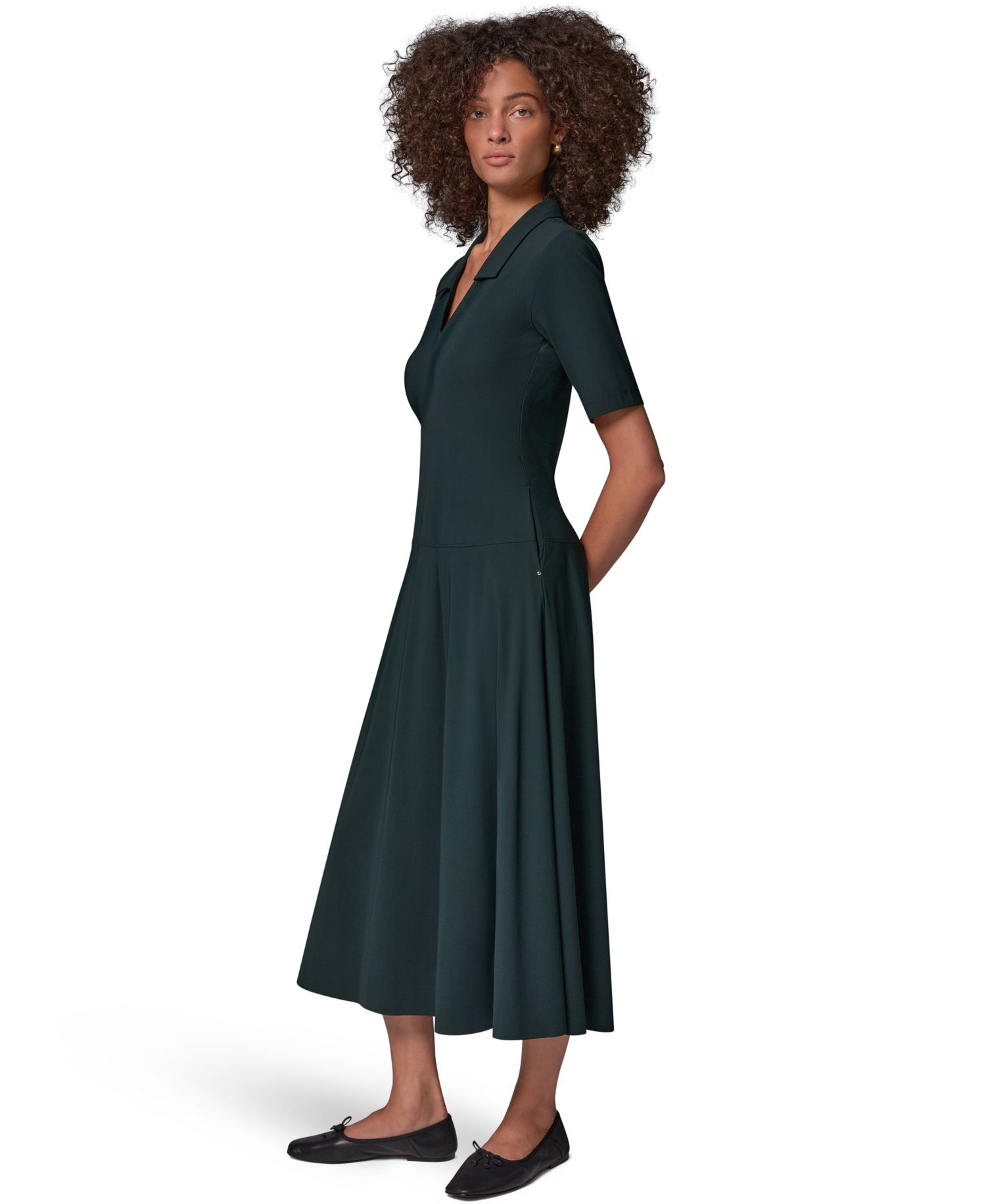 Women's V-Neck A-Line Midi Dress with Pockets