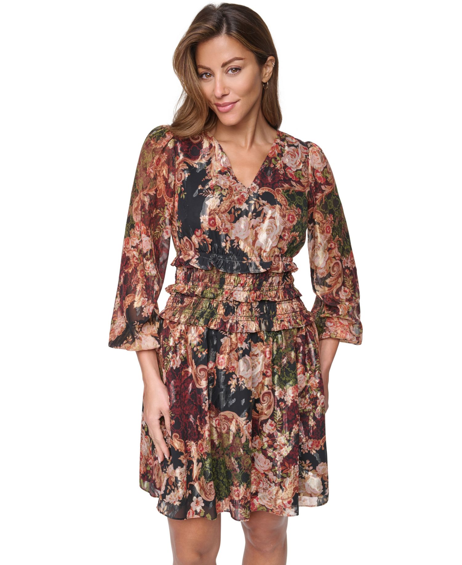 Women's V-Neck Balloon Sleeve Fit & Flare Dress