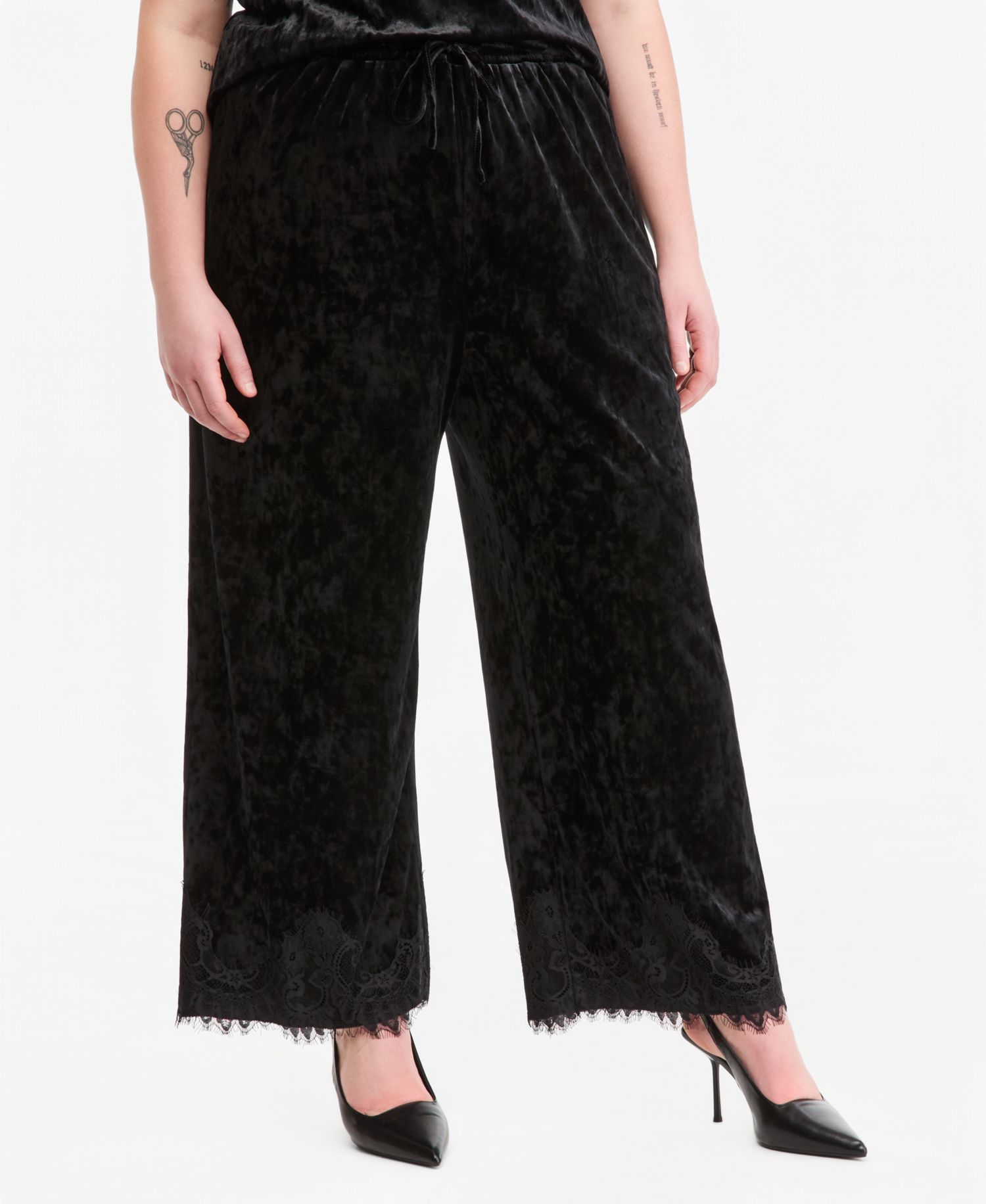 Plus Size Velvet Lace-Trim Wide-Leg High-Waisted Pants