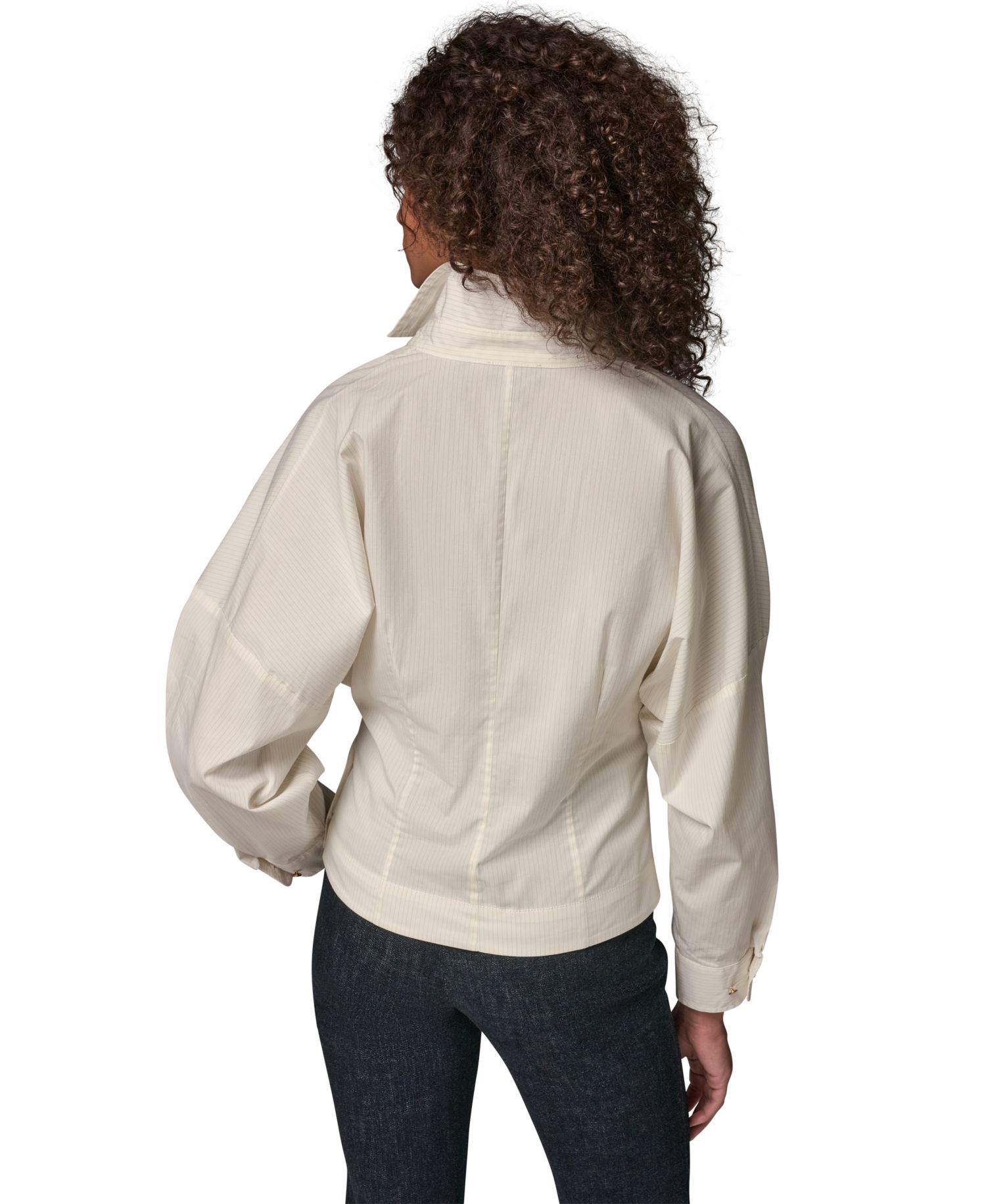 Women's Pinstripe Long-Sleeve Collared V-Neck Blouse