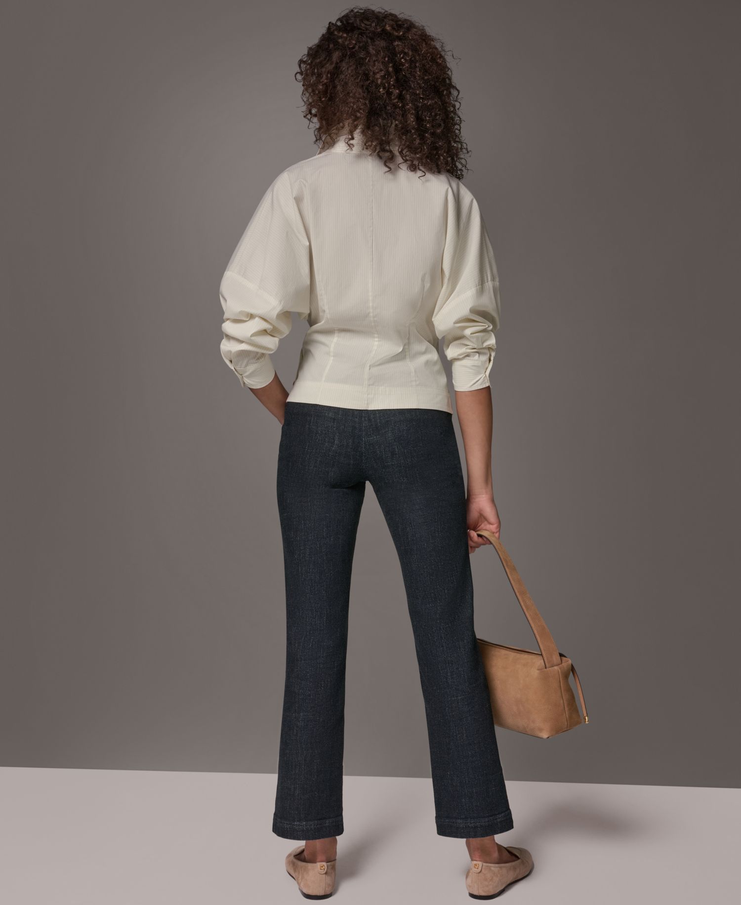Women's Pinstripe Long-Sleeve Collared V-Neck Blouse