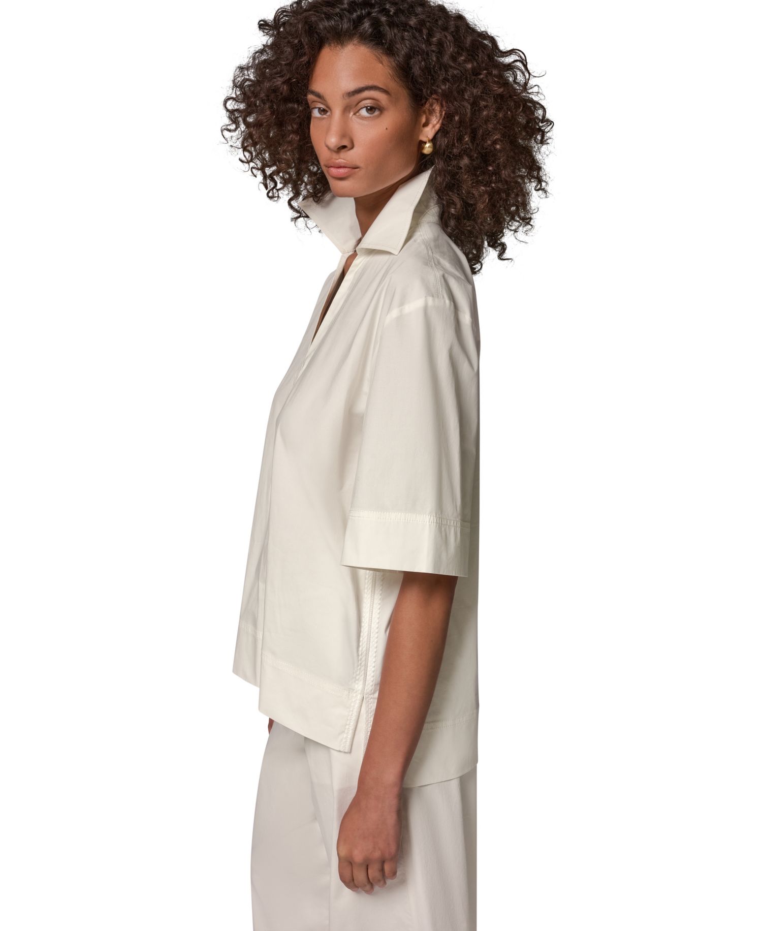 Women's Poplin Short-Sleeve V-Neck Collared Blouse