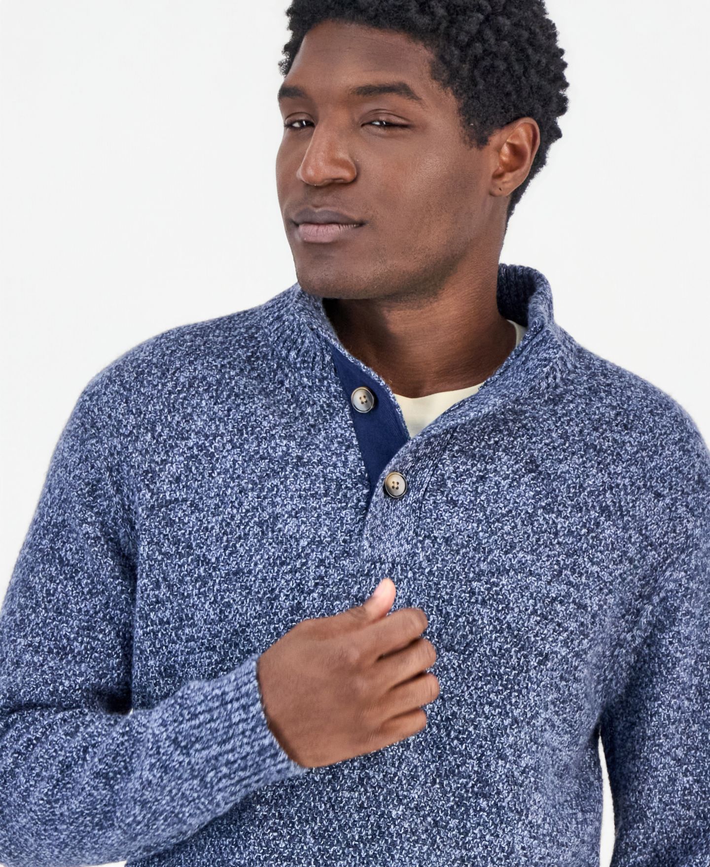 Мужской свитер Sun + Stone Mock Neck Quarter-Placket, цвет: Тёмно-синий — фото 3