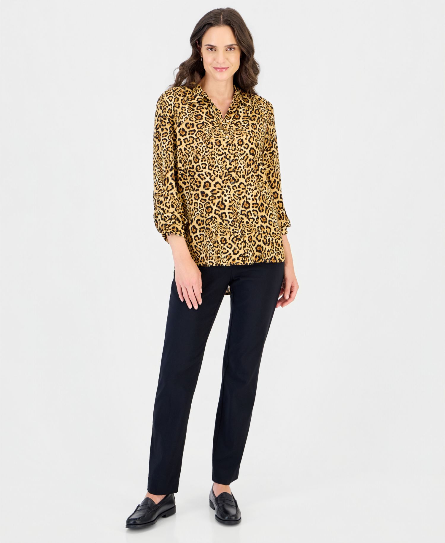 Women's Leopard-Print Roll-Tab Point Collar Button Top