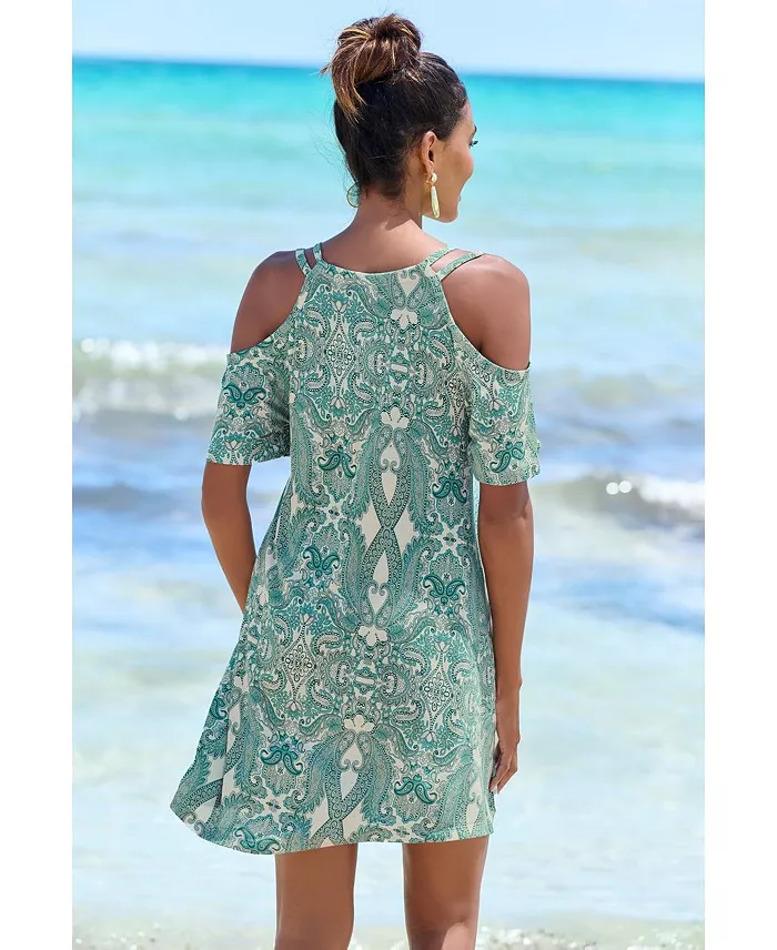 Women's Viscose Printed Cold Shoulder V-Neck Short Dress - thumbnail 3