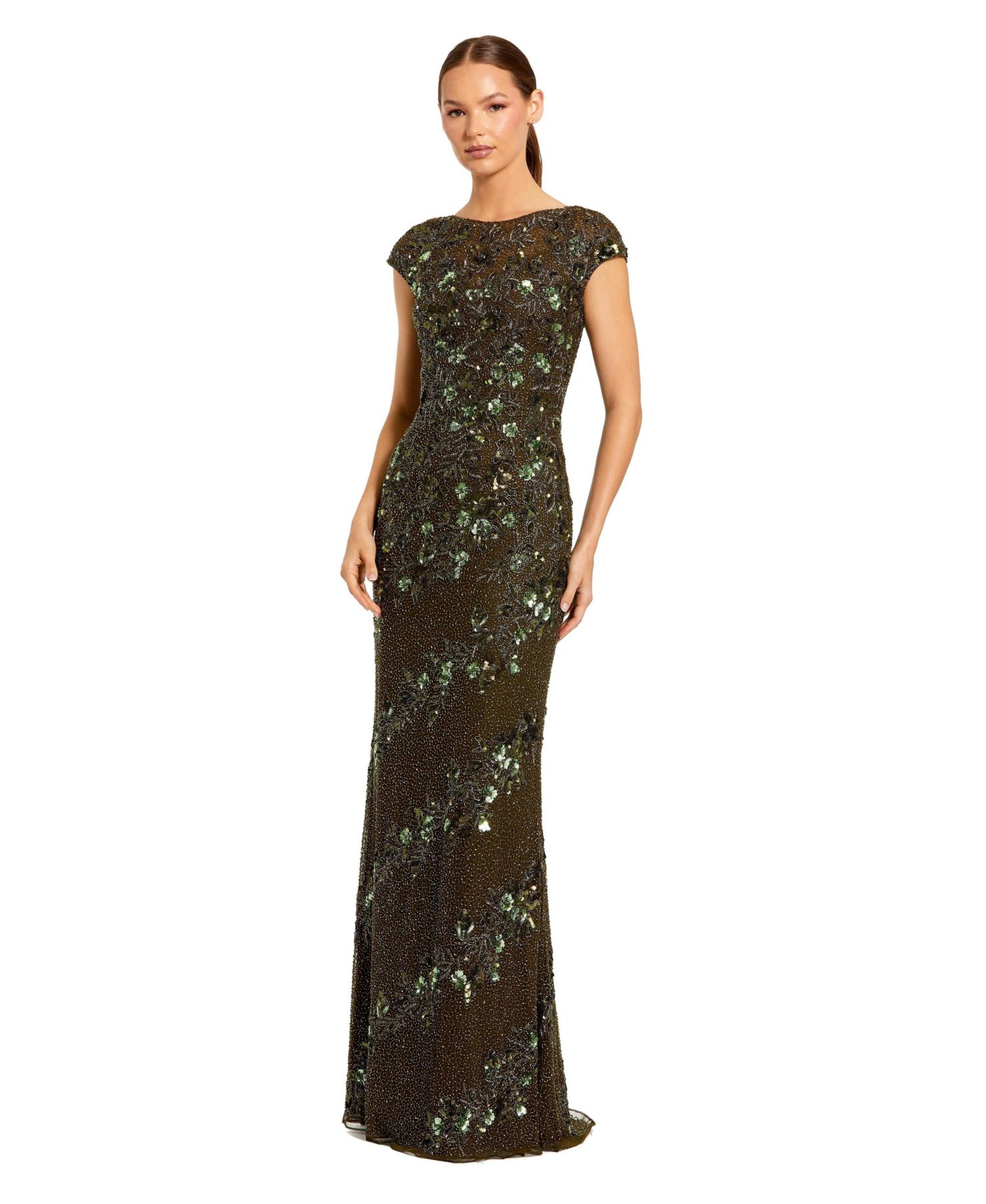 Women's Floral Embellished Cap Sleeve Sheath Gown