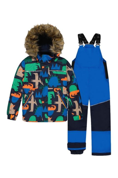 Deux par Deux Little and Big Boy (6-8) Two Piece Discover Snowsuit Dinosaur Print, цвет: Синий с принтом