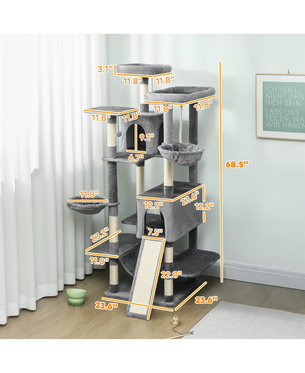 Ruie 69 Inch Cat Tree Tower with 2 Condos 3 Hammocks and 8 Scratching Posts