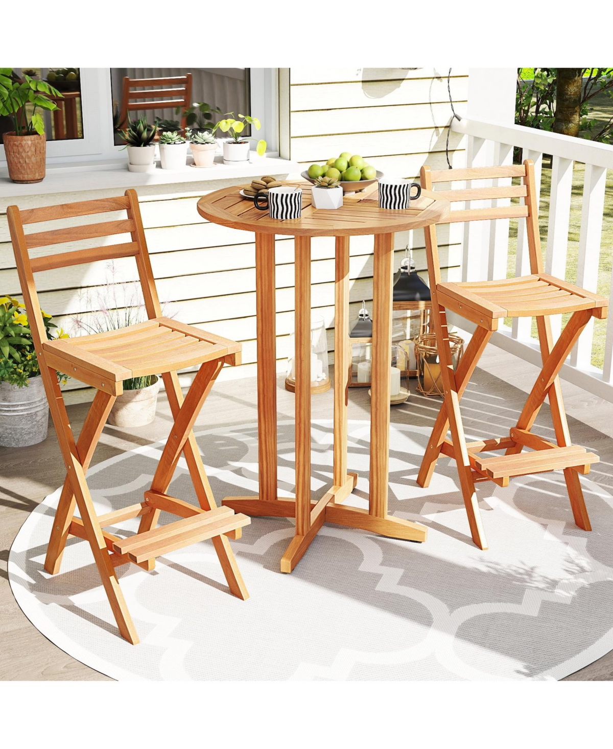 Sugift Folding Acacia Wood Bar Height Chair with Slatted Backrest and Footrest