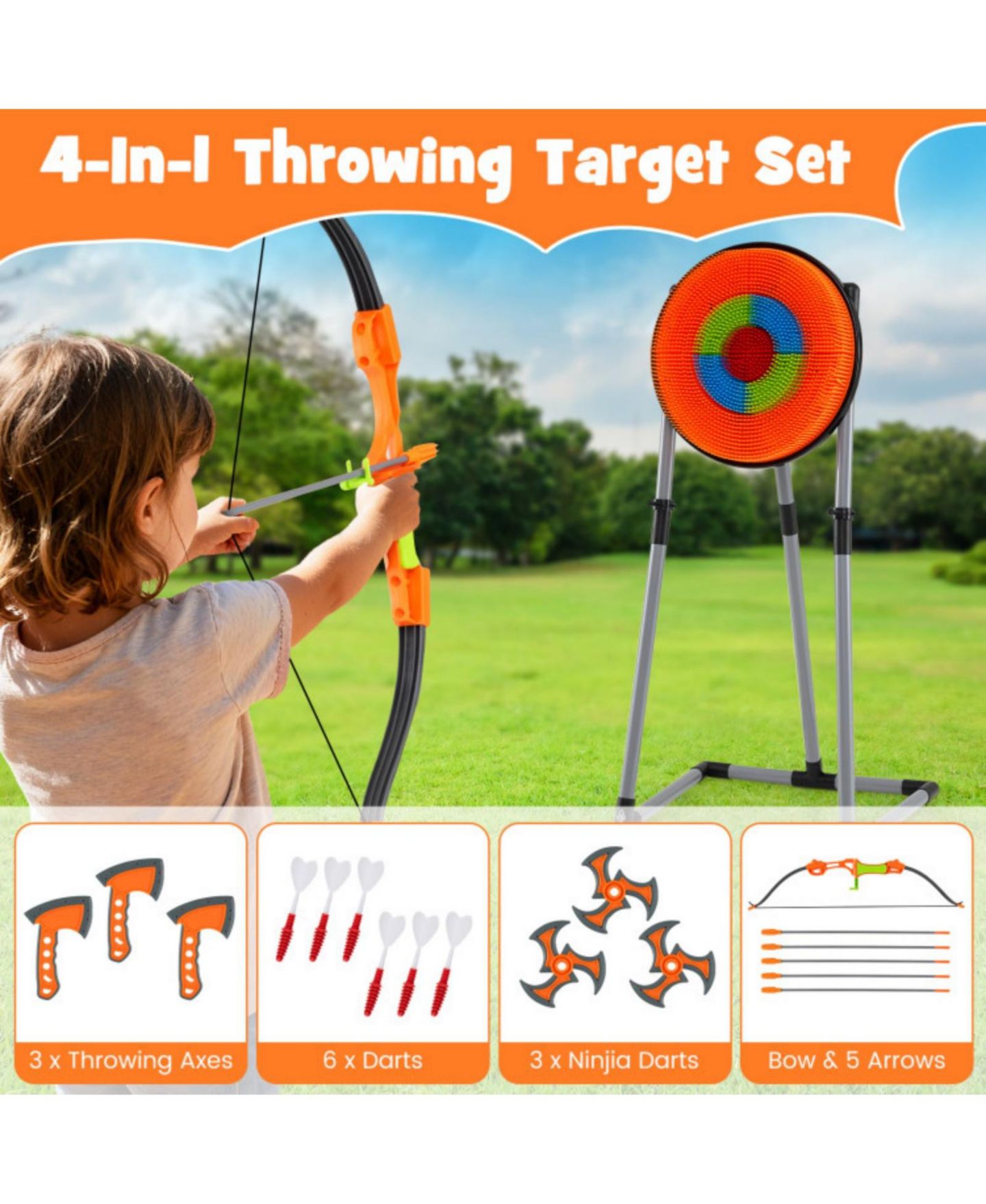 Детские игрушки SUGIFT 4-in-1 Axe Throwing Game Set with Bristle Target, 27.5" x 19.5" x 55", Ages 8+, цвет: Оранжевый — фото 2