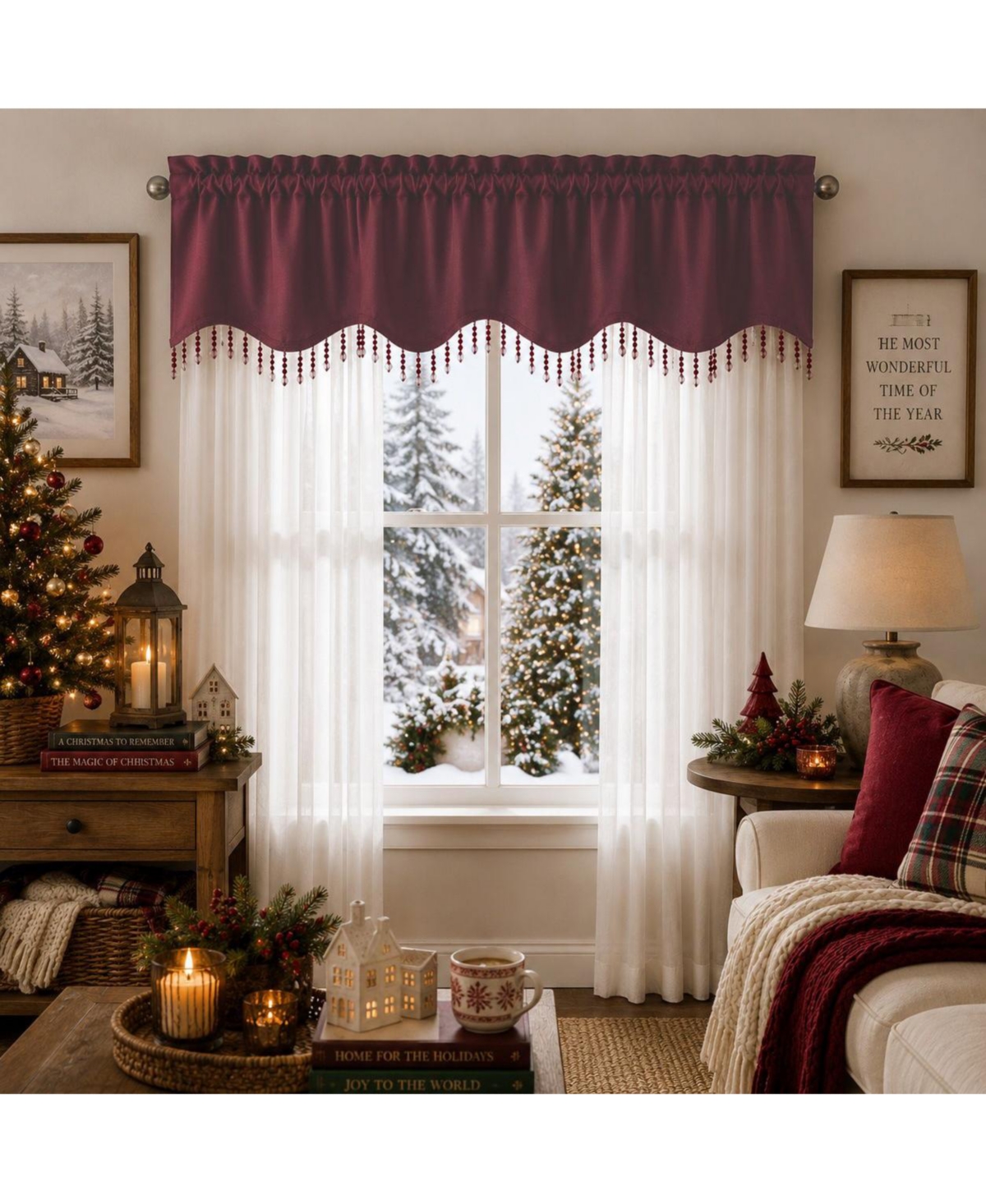 Kate Aurora Sheer Elegance 3 Piece Window Curtain And Crystal Beaded Valance Set