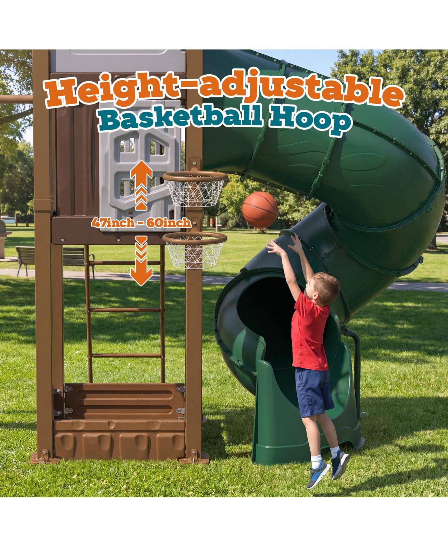 Детские игрушки homfan Swing Set for Backyard, Kids Outdoor Playhouse Equipment with Turbo Tube Slide and Basketball Hoop, цвет: Зелёный — фото 4