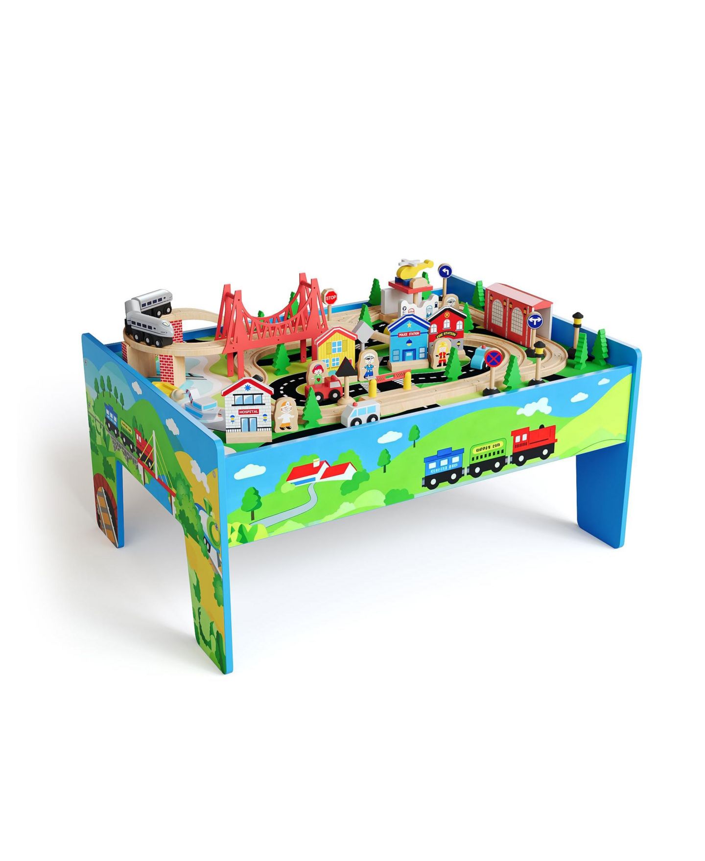 Детские игрушки homfan Train and City 2 in 1 Reversible 80-Piece Wooden Activity Table, Ages 3+ — фото 8
