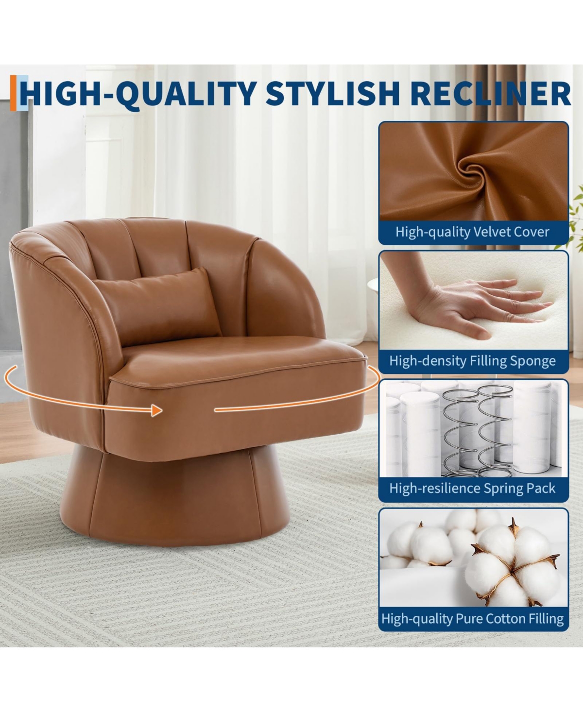 homfan 360degree(s) Swivel Barrel Chairs Set of 2, Ultra-Plush Pu Seat with Cloud-Like Padding and Striped Backrest, Round for Living Room, Bedroom