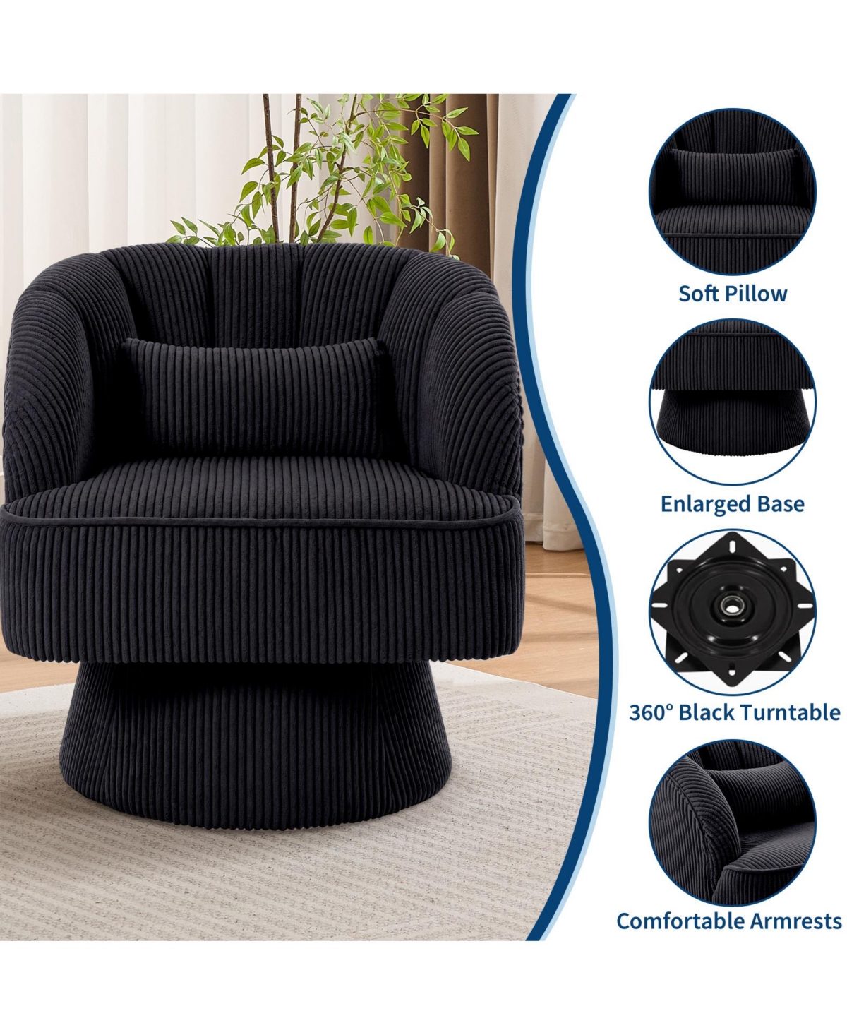 homfan 1 Piece Swivel Accent Chair, Modern Barrel Round Lounge Chair with 360 degrees) Rotating Base, Soft Backrest and Plush Cushions for Living Room