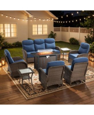 8 Piece Outdoor Furniture Set with 6-inch Cushions, Wicker Conversation Set with Swivel Rocker Chairs and Ottomans, High Back Conversation Set