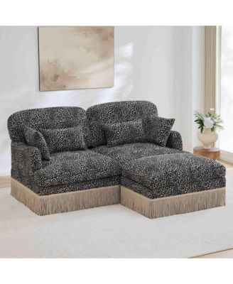 Deep Seat Loveseat Sofa with Movable Ottoman, Leopard Print Chenille, Tassel Skirt Trim, Easy Assembly