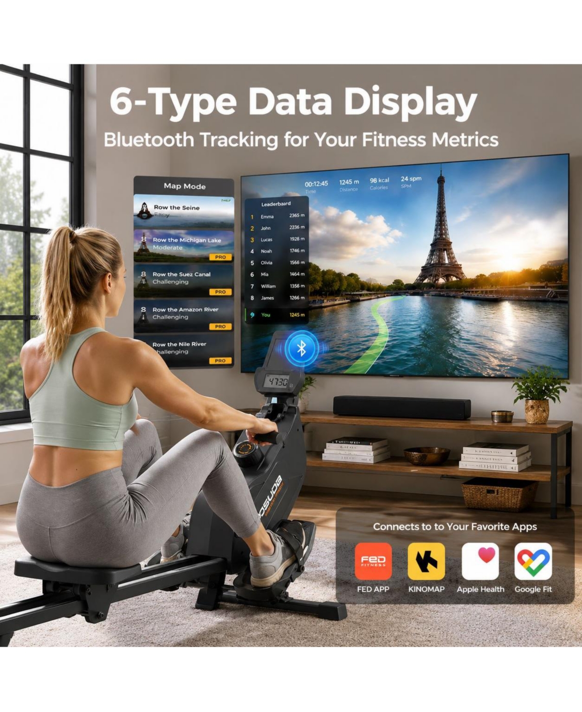 Fed Fitness Magnetic Rowing Machine 350LB Capacity, Foldable Home Rower with 16-Level 115lbs Resistance and Bluetooth