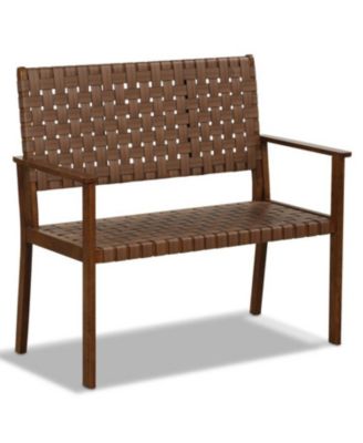 Outdoor Loveseat Bench with Rubber Wood Frame and Hand Woven PU Leather
