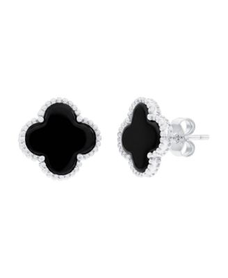 Sterling Silver Onyx Clover, Beaded Outline Studs