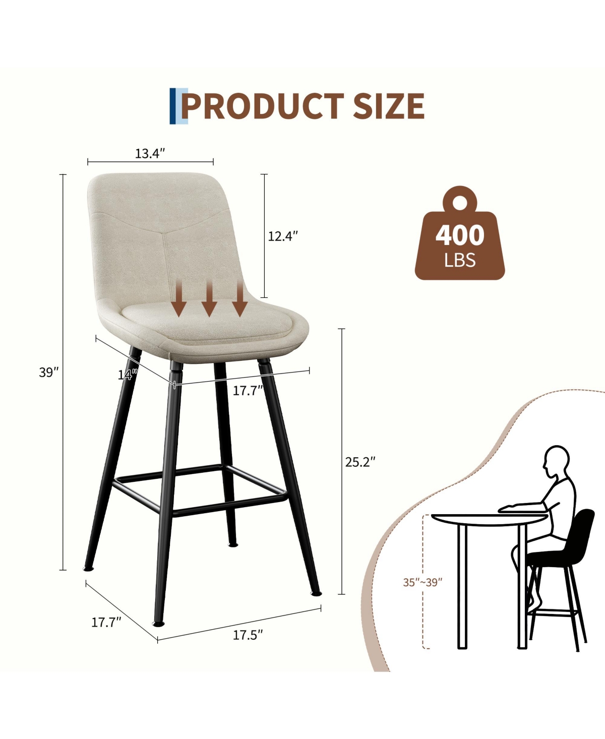 homfan Set of 2 25" Upholstered Bar Stools, Counter Height Chenille Fabric Barstool with Footrest, Backrest and Metal Legs, Modern Bar Chairs