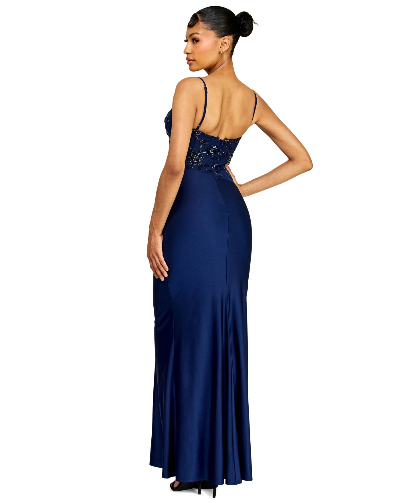 Женские платья Alex & Sophia Juniors' V-Neck Beaded Sequin Asymmetrical Waist Gown, цвет: Тёмно-синий — фото 5