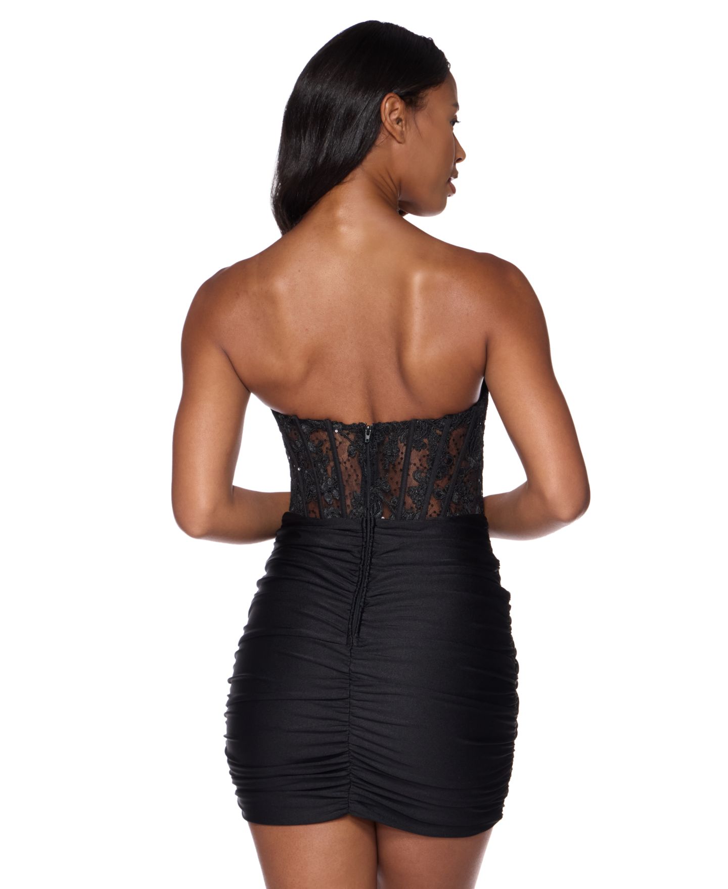 Женское платье Alex & Sophia Juniors' Strapless Lace-Illusion Bodice Ruched Mini, цвет: Чёрный — фото 5