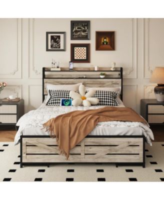 Full Size Bed Frame with Storage Headboard, 12 Drawers, LED Lights, Charging Station, Anti-Slip Metal Slats, No Box Spring Needed