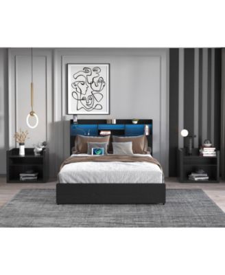 Queen Size Bed Frame with 4 Storage Drawers, Storage Headboard, LED Lights, USB Charging Station, No Box Spring Needed