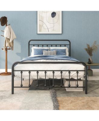 Full Size Metal Platform Bed Frame with Victorian Headboard and Footboard, Steel Slats, No Box Spring Needed, Under-Bed Storage