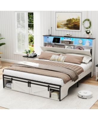 Queen Size Farmhouse Bed Frame with Storage Headboard, USB Charging Station, LED Lights, Wooden Slats, No Box Spring Needed