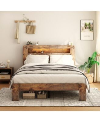 Full Size Wood Platform Bed Frame with Storage LED Headboard, USB Charging, Wood Slats, No Box Spring Needed