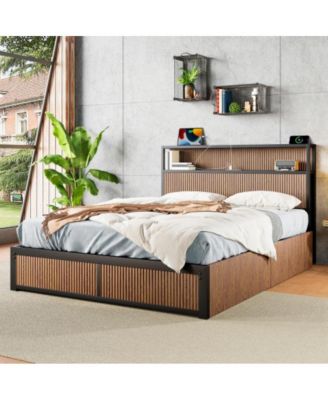 Queen Size Wooden Platform Bed Frame with Multiple Drawers Storage, USB Socket, Raised Pattern Headboard, No Box Spring Needed