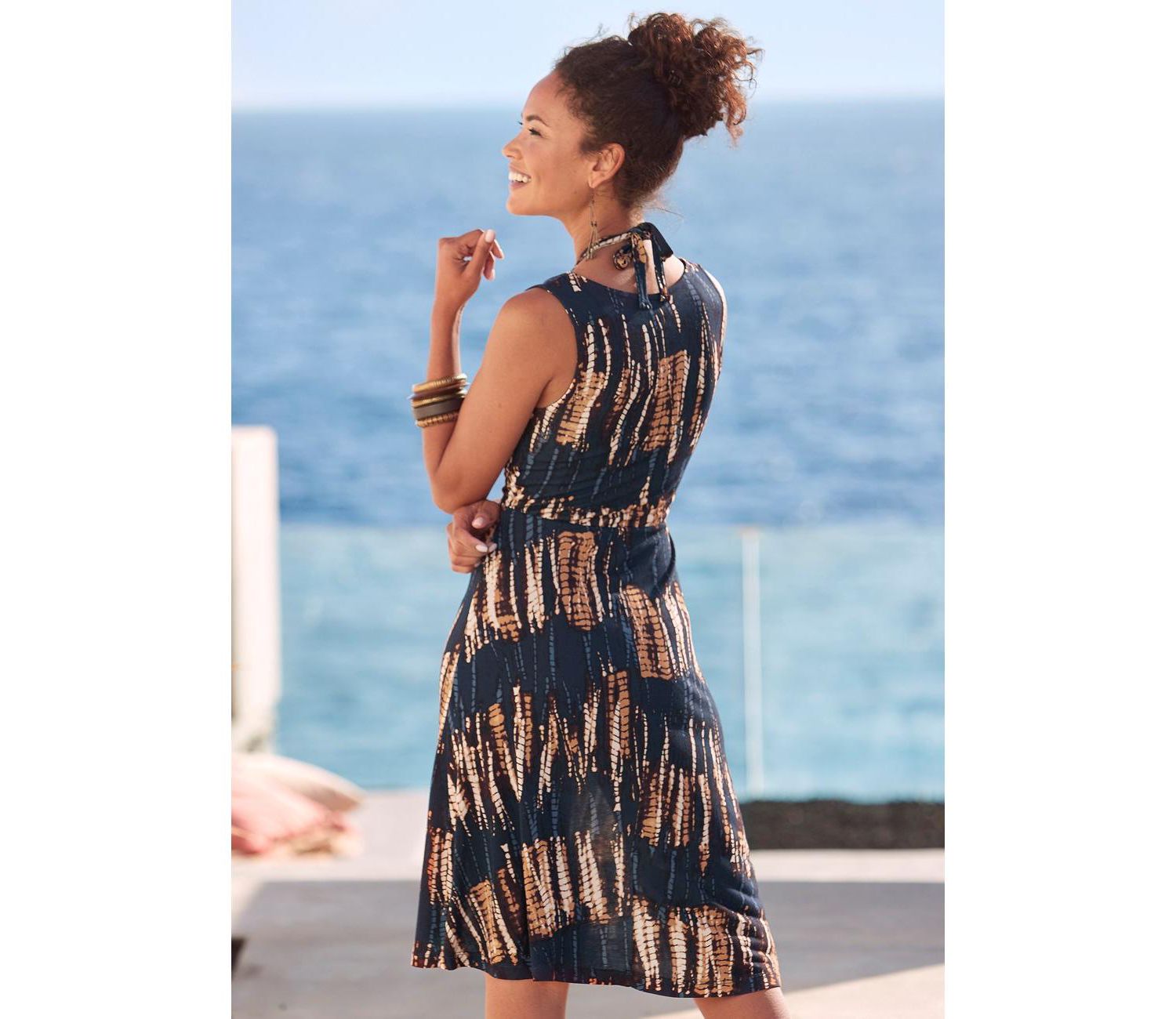 Women's Viscose Printed Strap Detail A-Line V-Neck Short Dress