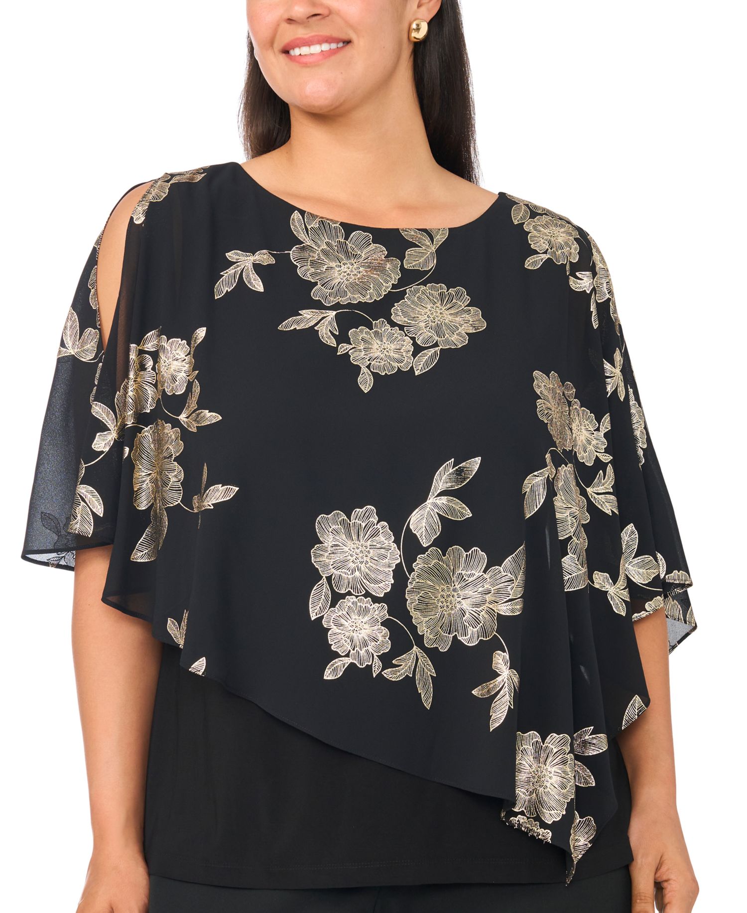 Plus Size Floral-Print Cold-Shoulder Overlay Top