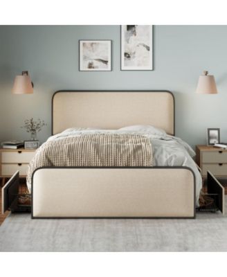 Queen Size Modern Metal Bed Frame with Curved Upholstered Headboard and Footboard, 4 Storage Drawers, Heavy Duty Metal Slats