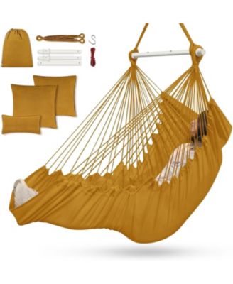 Hammock Chair Hanging Swing With 3 Cushions Foot Rest Support 500lbs Weight Capacity Indoor Outdoor Patio Porch