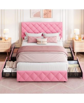 Bed Frame with 4 Storage Drawers and Adjustable Headboard, Linen Upholstered Platform Beds