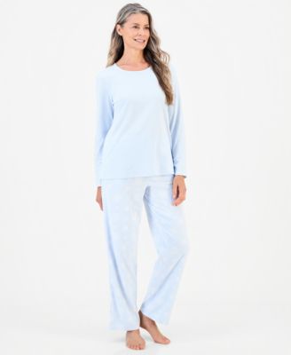 Women's Long-Sleeve Cotton-Blend Top and Fleece Pajama Pants Set