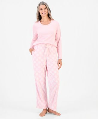 Women's Long-Sleeve Cotton-Blend Top and Fleece Pajama Pants Set