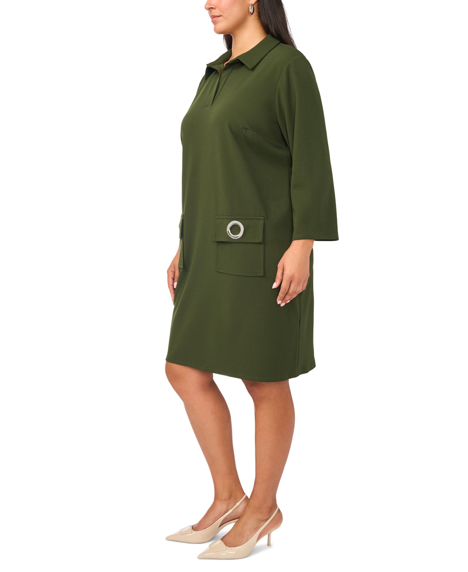Plus Size Pocket Shift V-Neck 3/4-Sleeve Dress