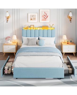 Bed Frame with Storage Headboard, Bed Frame with 2 Drawers, Boucle Upholstered Platform Bed, Chic Wavy Headboard