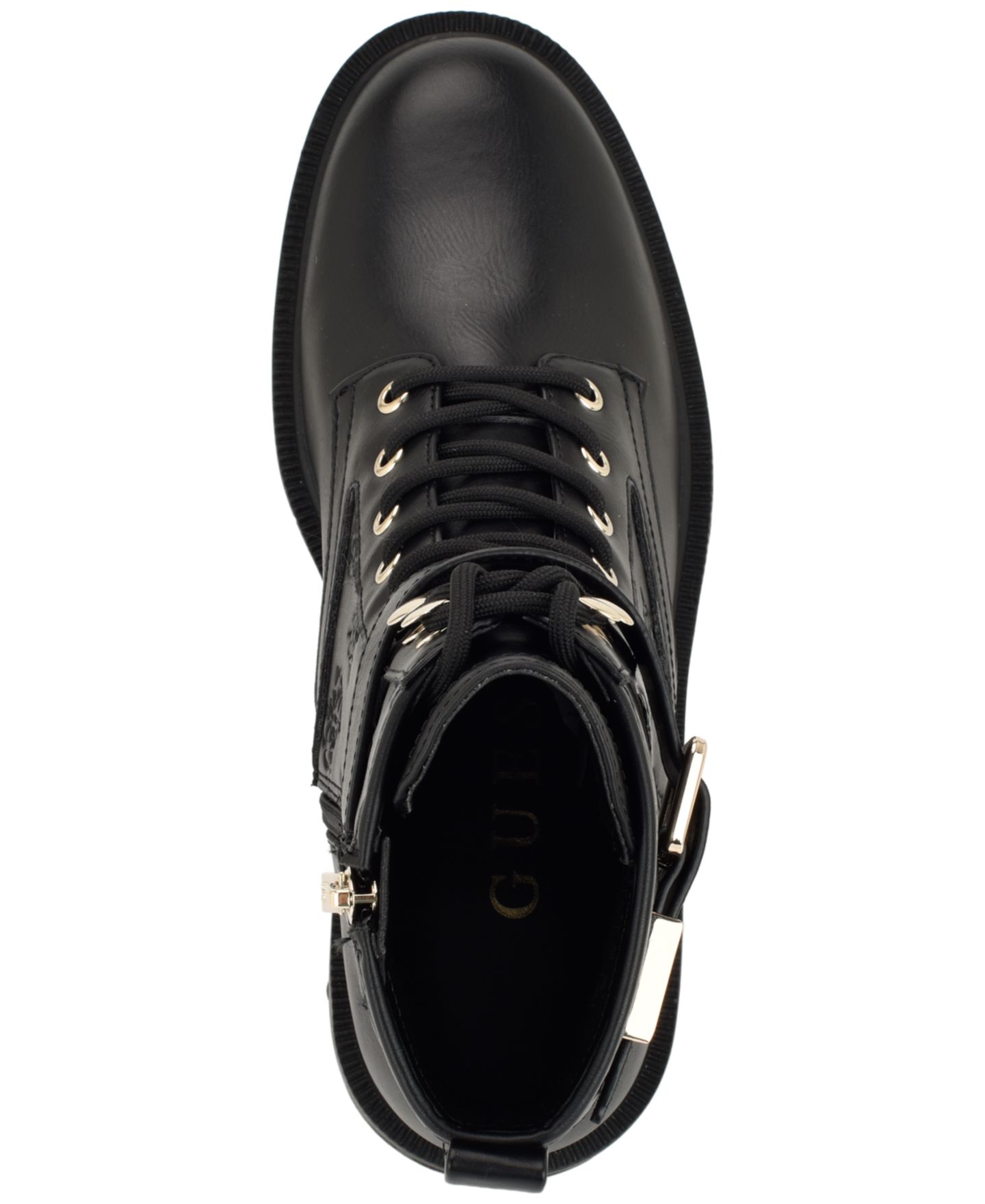 Женские ботинки GUESS Fellini Buckle Strap Lace-Up Combat Booties, цвет: Чёрный гладкий — фото 4