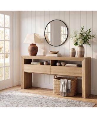 Console Table with Drawers - 63" Farmhouse Entryway Table with Open Storage Shelves, Narrow Sofa Table Behind Couch, Durable PB+MDF
