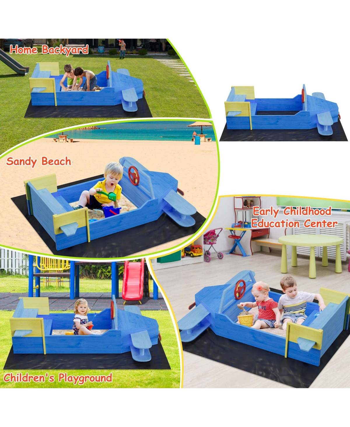 homfan Airplane Themed Wooden Sand and Water Table, Fir Wood Sandbox with Adjustable Rotatable Canopy for Kids Ages 3 to 8