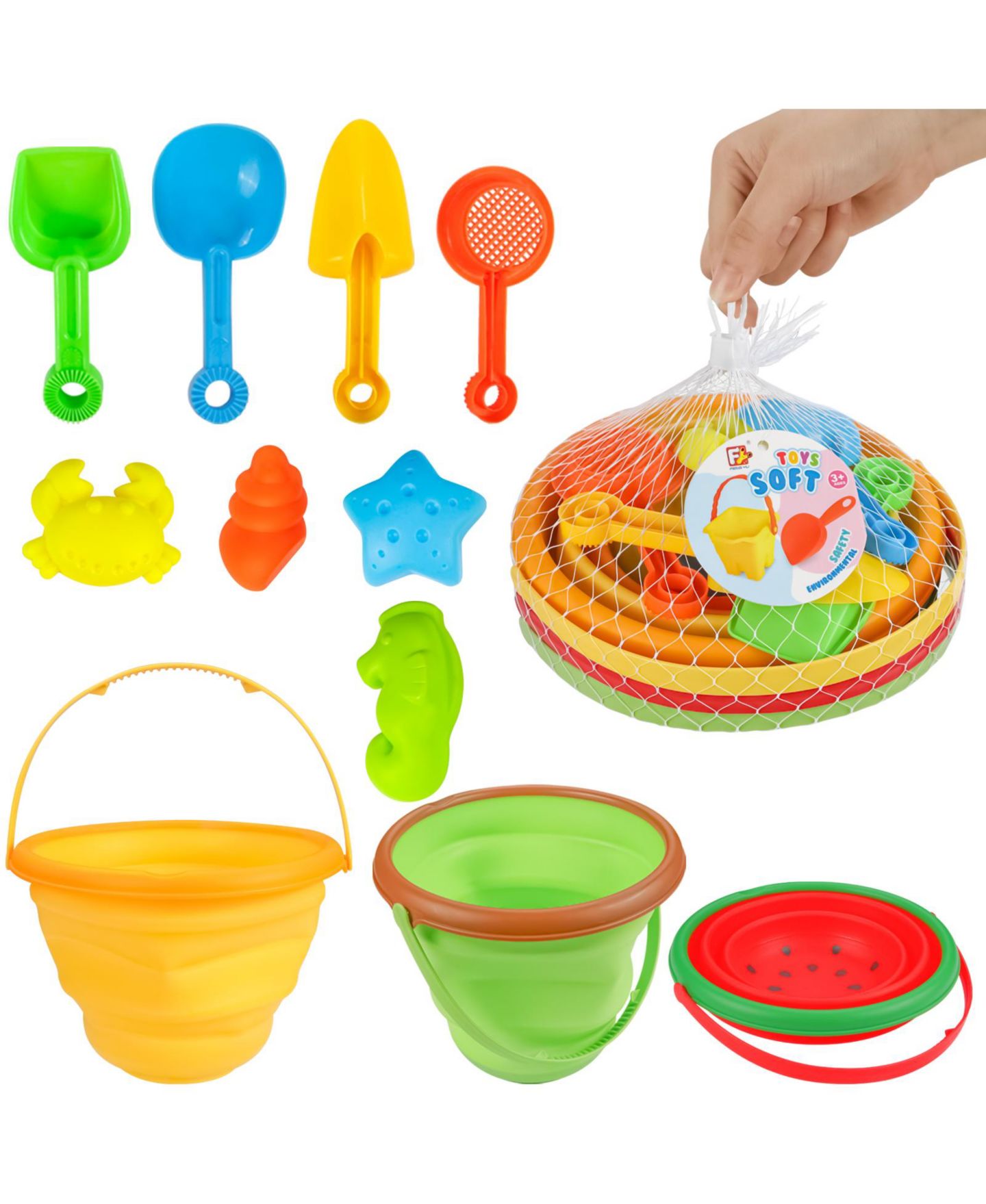Детские игрушки homfan Silicone Collapsible Bucket, Shovels and Molds Set, 2.5-Liter Capacity, Ages 3-7 — фото 4