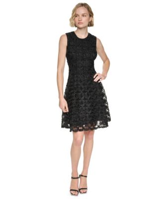 Women's Sleeveless Jewel Neck Lace Fit & Flare Cocktail Dress