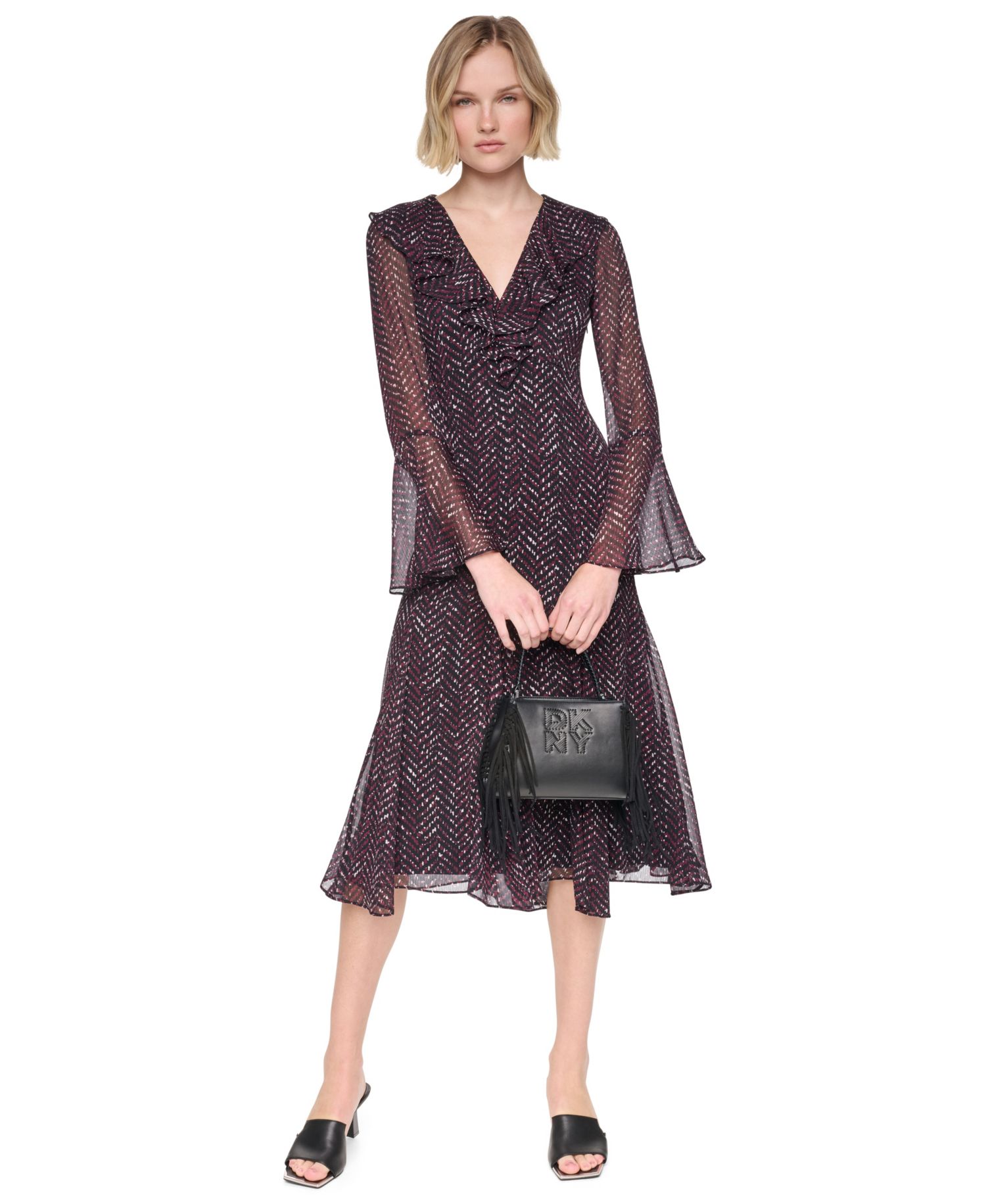 Women's Ruffle Midi V-Neck Dress