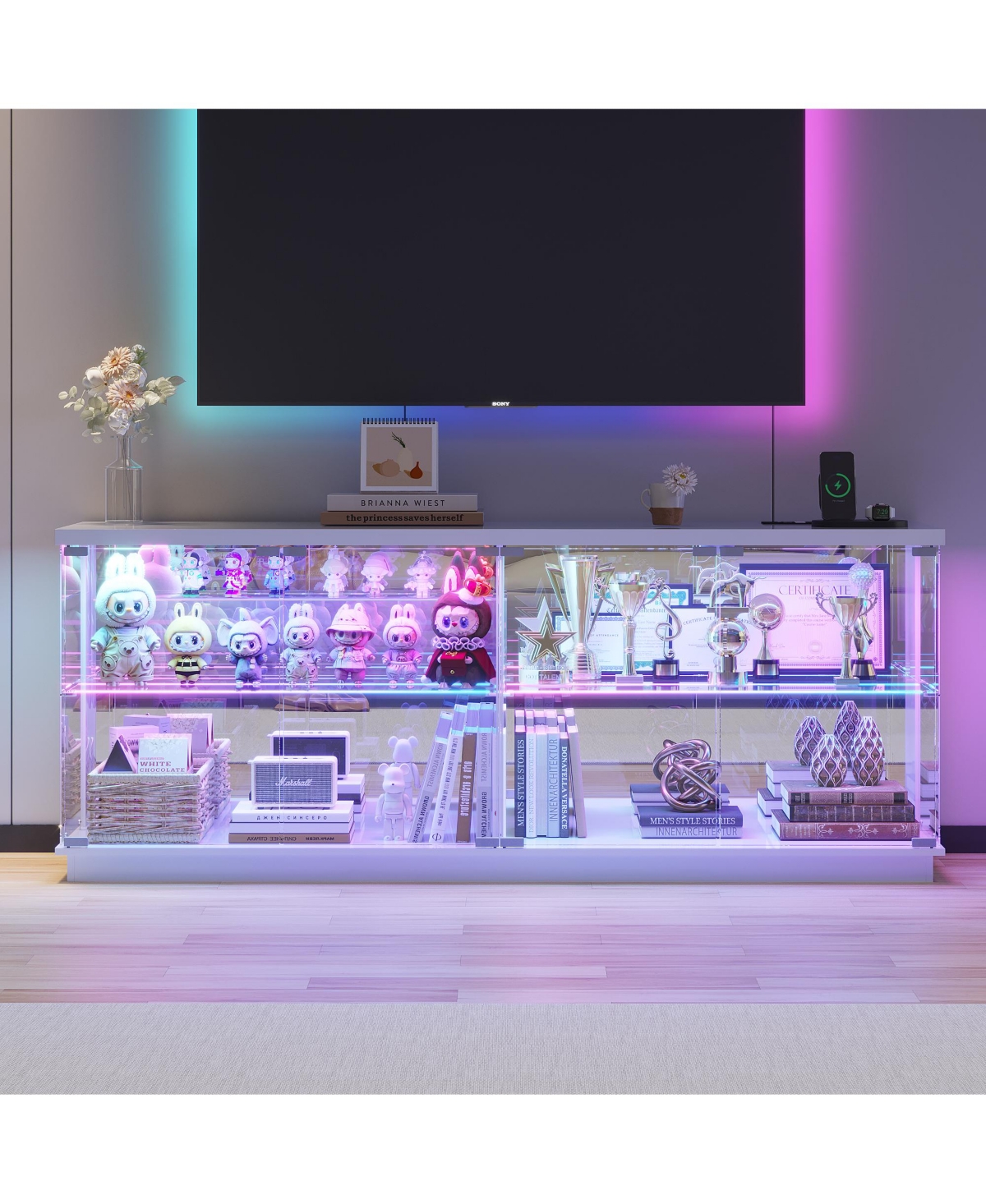 Vlsrka 59'' Smart Tv Stand with Rgb Led Lights, Motion Sensor, Charging Station, Glass Cabinet Doors and Storage Shelves - White