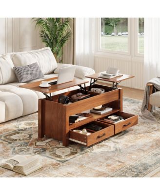 Lift-Top Coffee Table with 2 Drawers, Hidden Compartment and Open Shelf, Convertible Living Room Center Table, Engineered Wood